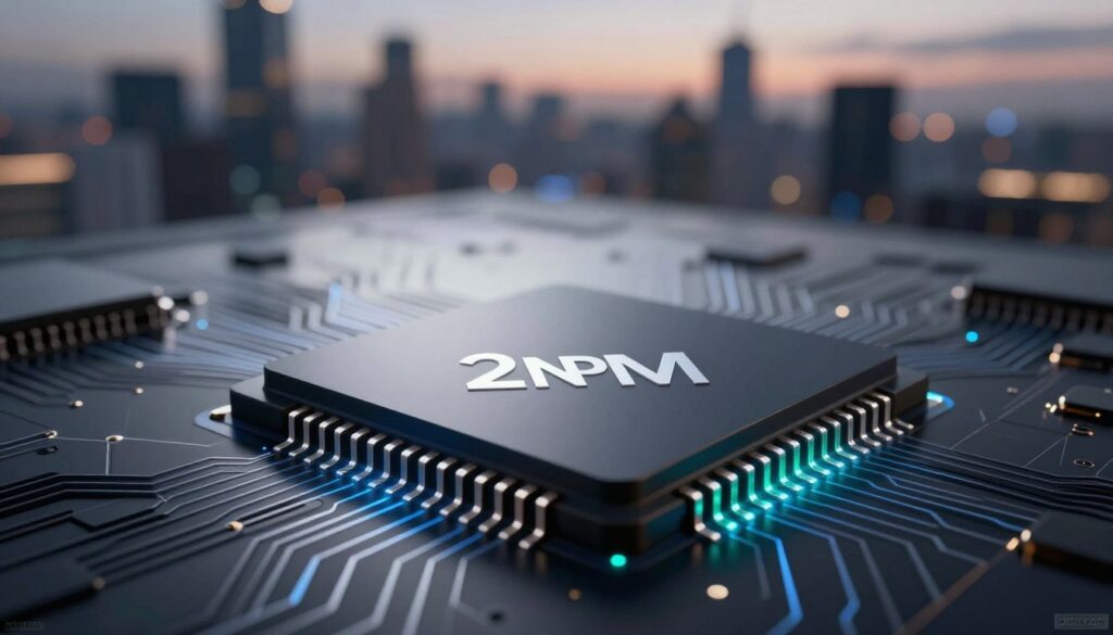 A futuristic close-up of Samsung's 2nm technology, focusing on a sleek, high-tech microchip with intricate circuitry and geometric patterns. The foreground features the chip illuminated by soft blue and green LED lights, emphasizing its advanced design. In the middle ground, a subtle gradient shifts from dark gray to light silver, enhancing the futuristic atmosphere. The background showcases a blurred city skyline at dusk, symbolizing innovation and high efficiency, with a faint glow from the horizon. The image conveys a sense of power efficiency and cutting-edge technology, embodying the implications of improved battery life. The overall mood is sleek, modern, and professional, with an emphasis on technological advancement. Add watermarks with "ahmed review" subtly integrated into the corner.