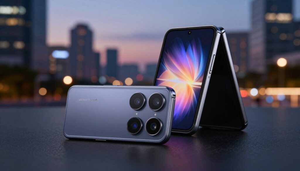 A sleek, high-tech camera module inspired by the Exynos 2600, prominently positioned in the foreground. The camera features multiple lenses with advanced sensors, showcasing intricate details like reflective surfaces and subtle light play. In the middle ground, a stylish Samsung Galaxy Z Flip 8 lies open, elegantly displaying its dual-screen interface, emphasizing its modern design. The background captures a vibrant urban setting at twilight, with soft bokeh effects highlighting city lights, creating a dynamic contrast with the tech in focus. The scene is illuminated by moody, ambient lighting, enhancing a sophisticated atmosphere. The overall composition reflects a fusion of innovation and elegance, embodying a sense of excitement and anticipation about advanced mobile photography. Include the brand name "ahmed review" subtly integrated in the artistic design, without any text or captions.