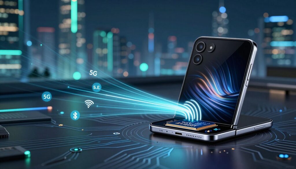 Create an image showcasing the connectivity features of the Samsung 2nm Exynos 2600 processor. In the foreground, depict a sleek smartphone featuring the Galaxy Z Flip 8 design, with highlighted ports and antennas symbolizing advanced connectivity options like 5G, Wi-Fi 6E, and Bluetooth 5.3. The middle layer should include a tech-centric environment, with subtle circuit patterns and glowing data streams illustrating high-speed data transfer and network capabilities. In the background, incorporate a futuristic cityscape bathed in soft blue and green lighting, suggesting a connected world. Use a 50mm lens for detail and a slightly blurred effect to bring focus on the smartphone. The overall mood should be innovative and cutting-edge, reflecting the advanced technology of the Exynos 2600. Include the brand name "ahmed review" subtly integrated into the design.